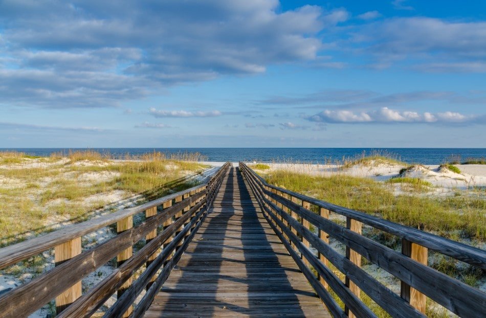 Wooden walkway extending to the beach on the Gulf Shore of Alabama
